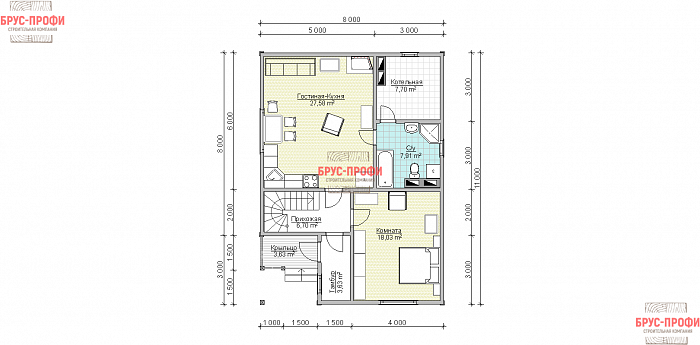 Проект №72. Дом из бруса 8 на 11
